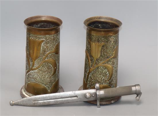 A Scandinavian bayonet and two trench art shell vases height 22cm